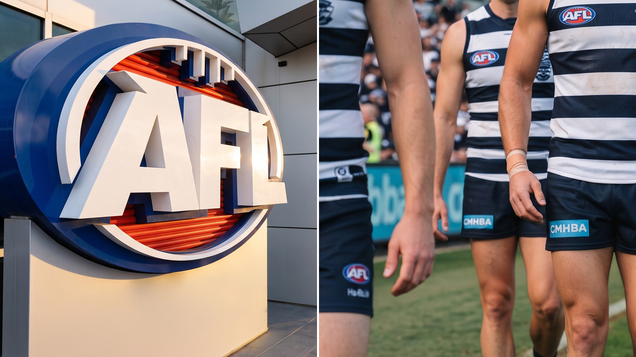 Left: large AFL logo sign on a blue circular panel; right: players in navy-and-white striped uniforms on a football field.