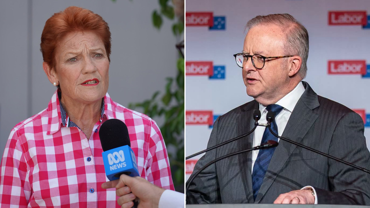 Split image: left shows a red-haired woman in a pink plaid shirt being interviewed with a blue news microphone; right shows a gray-haired man in a suit at a podium.