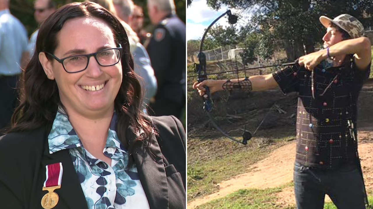 Two-panel image: left shows a smiling woman in a blazer wearing a medal; right shows a person outdoors drawing a bow and aiming an arrow.