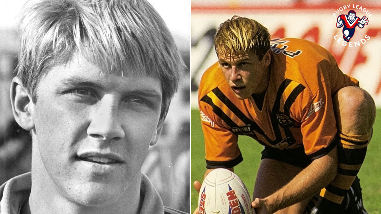 Split image: left is a black-and-white close-up portrait of a young man; right shows a rugby league player in an orange jersey bending over with a ball, Rugby League Legends logo in the corner