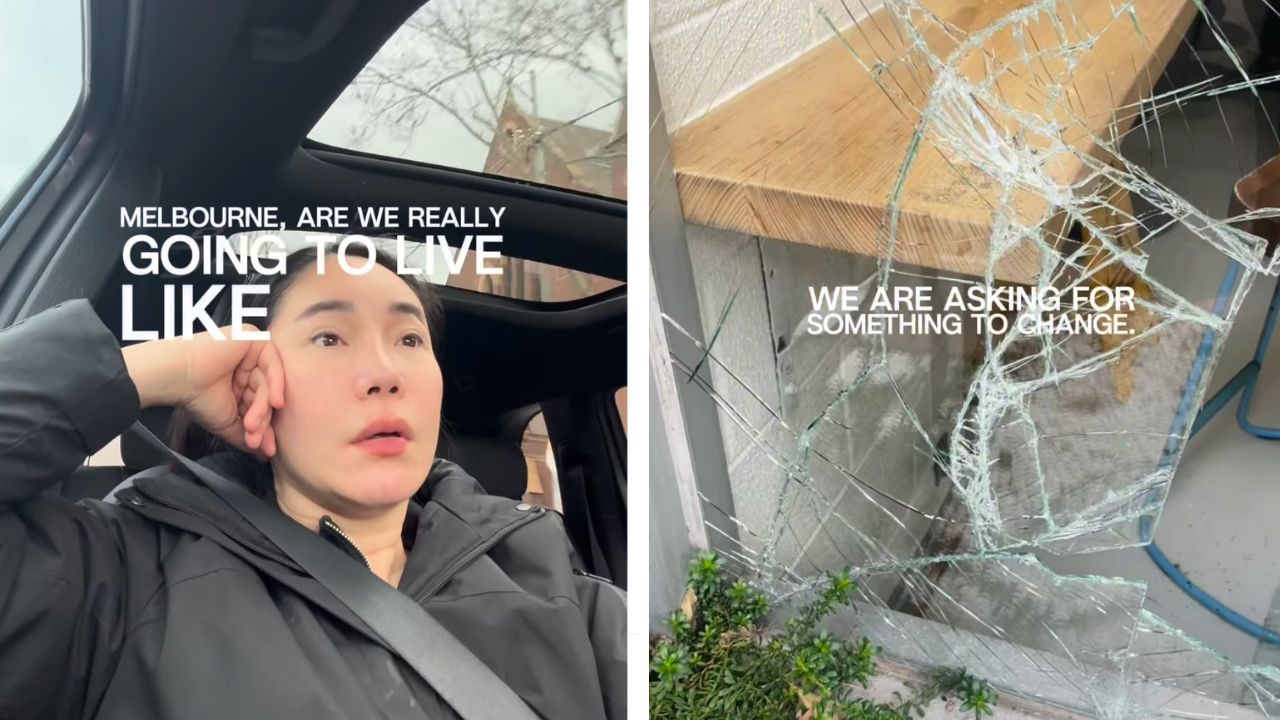 Collage: a woman in a car looking pensive with protest text overlaid; right panel shows a cracked glass surface with the message 'We are asking for something to change.'