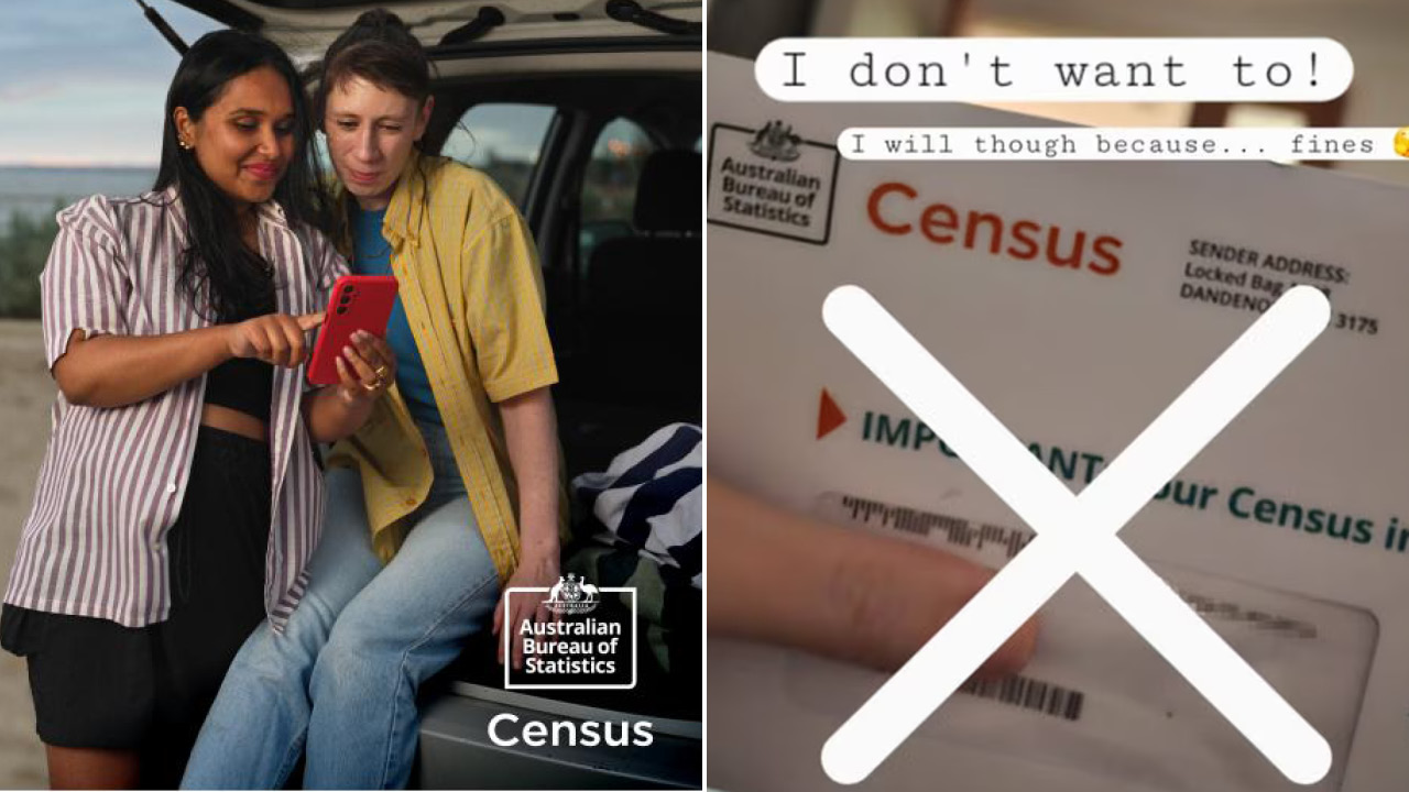 Two women look at a red smartphone together beside an open car trunk, with Census branding from the Australian Bureau of Statistics nearby (informational image). Windowed scene shows collaboration and a mobile device for data collection or sharing information (informative)./ Two friends review something on a red phone next to a car, with Census and Australian Bureau of Statistics logos visible (informational)./ A pair of women examine a smartphone by a vehicle, with Census branding indicating data collection or outreach.