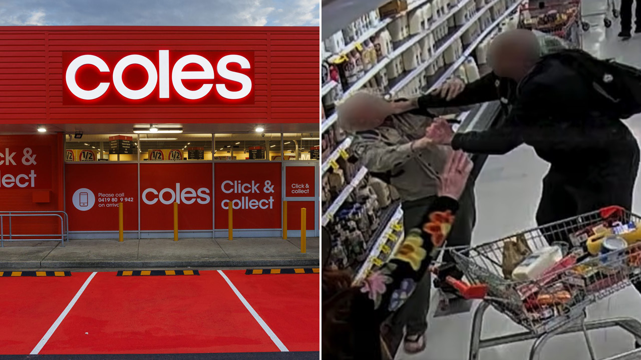 Left: Coles storefront with bright red signage reading 'col es' and 'Click & Collect'; Right: a man in dark clothing appears to grab at a shopper near a supermarket shelf with a shopping cart nearby.