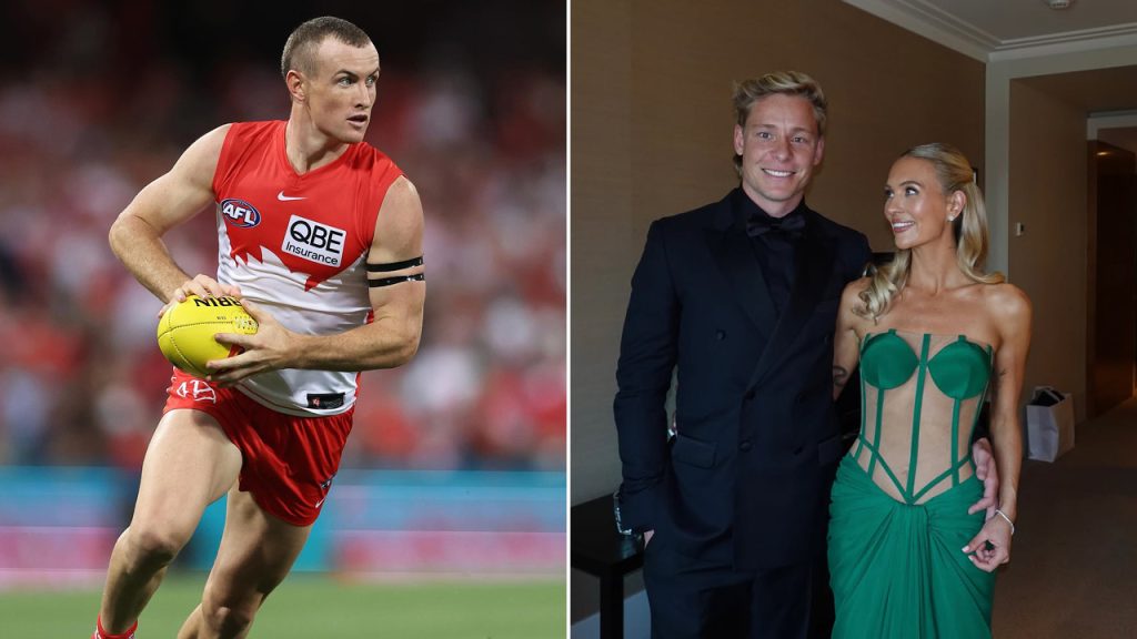 Left: Australian rules footballer in red and white kit holding a yellow ball with a blurred stadium crowd behind him; right: a man in a black tuxedo standing next to a woman in a green formal gown in an indoor setting.