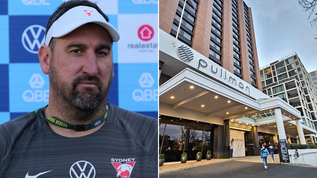 Side-by-side image: left shows a man in a Sydney Swans jersey with a white visor; right shows the Pullman hotel entrance.