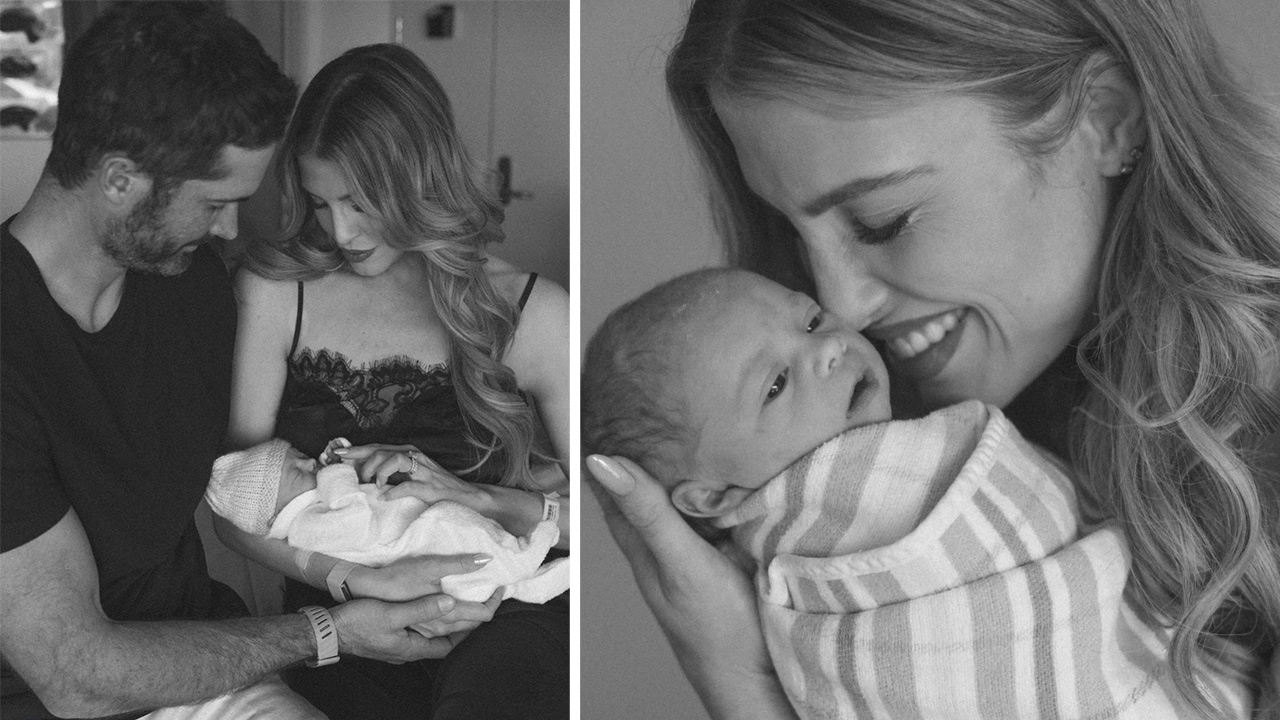 Two-panel image: left shows a couple cradling their newborn in a hospital; right shows the mother smiling while holding the baby wrapped in a striped blanket.