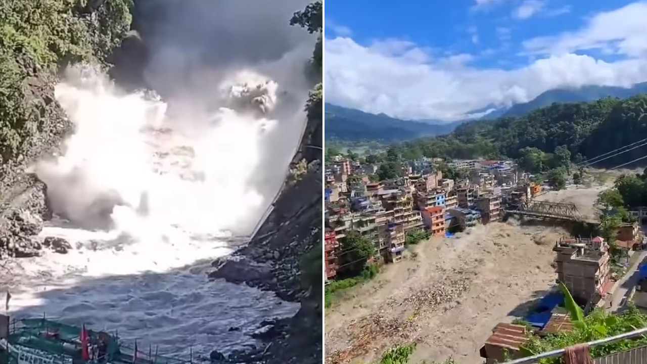 Left: dramatic surge of water and dust blasting from a rocky hillside, as a dam or spillway releases forcefully. Right: hillside town with colorful buildings and a debris-filled riverbed, under blue sky.