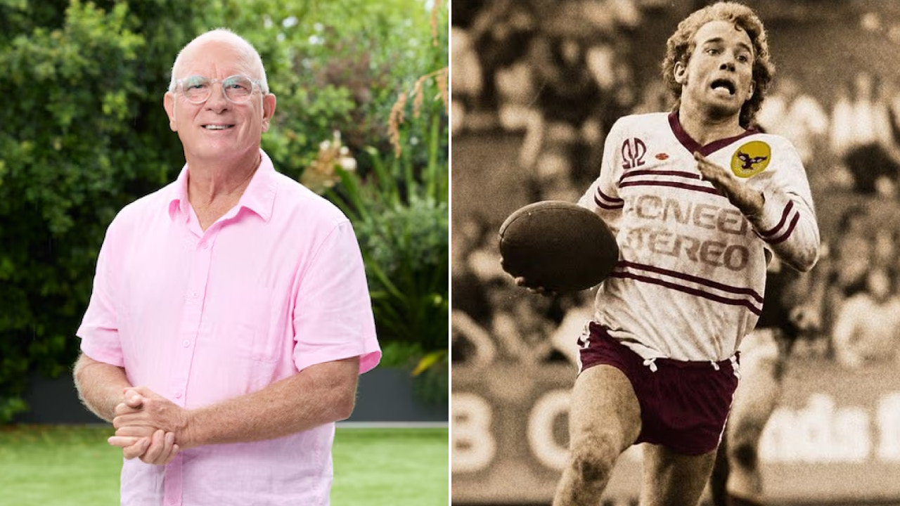 Two-panel image: left an elderly man in a pink shirt smiling in a garden; right a vintage rugby player in white and maroon chasing a ball.