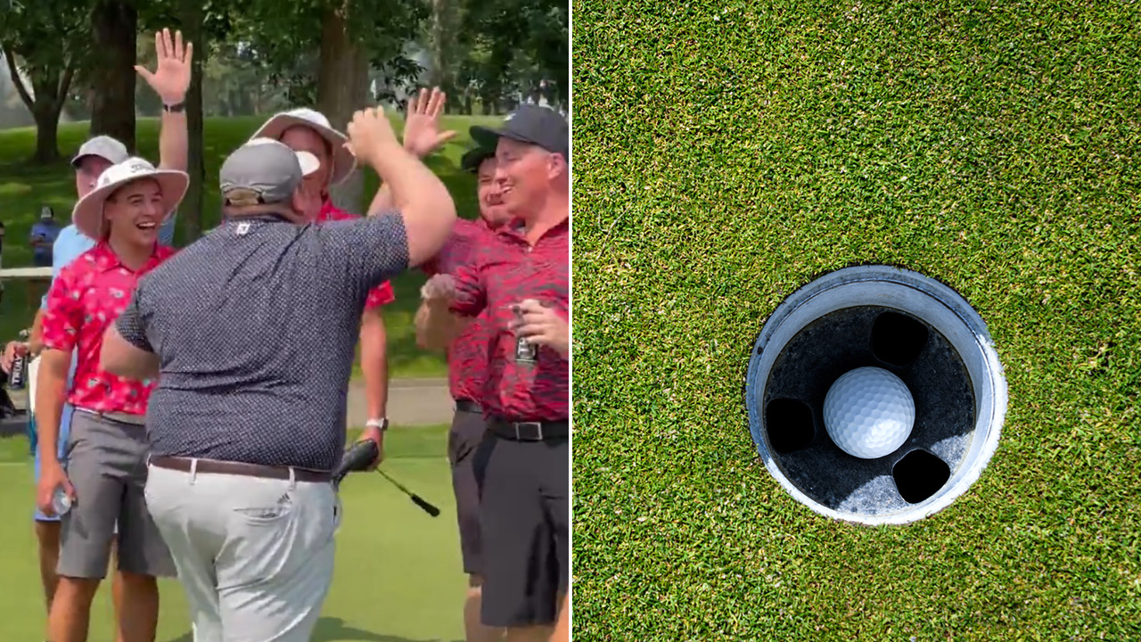 Two-panel image: left side shows a group of golfers celebrating with high-fives on a green; right side shows a golf ball resting in the hole on the turf.