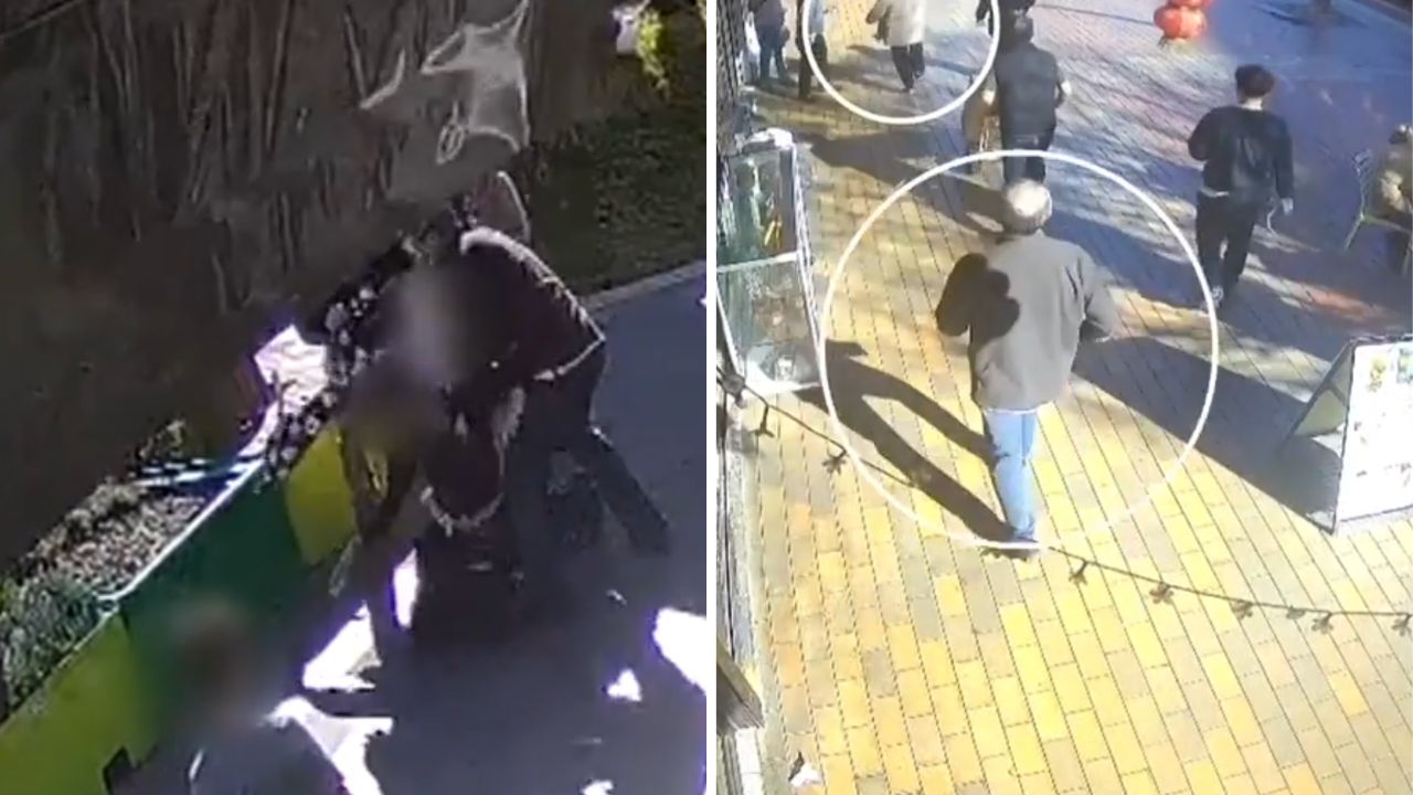 Two-panel security footage: left shows a person bending over a green market stall; right shows pedestrians on a brick sidewalk with two people circled.