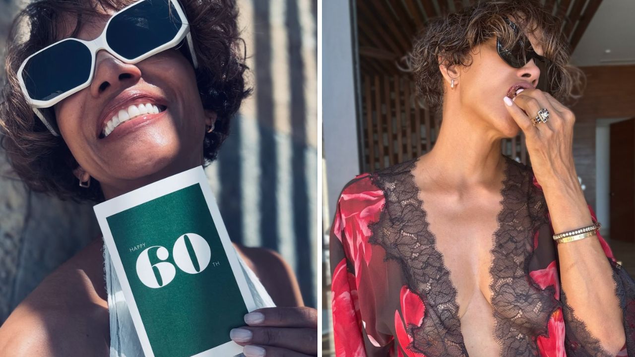 Left: woman with oversized white sunglasses holding a green 'Happy 60th' card; right: woman in red lace robe biting her nails.
