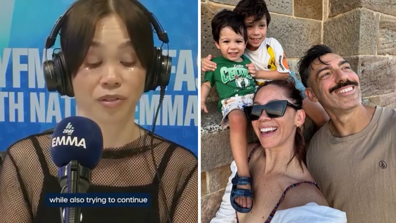 Split-image collage: left panel shows a female radio host wearing headphones and speaking into a microphone; right panel shows a smiling family selfie on stone steps outdoors.