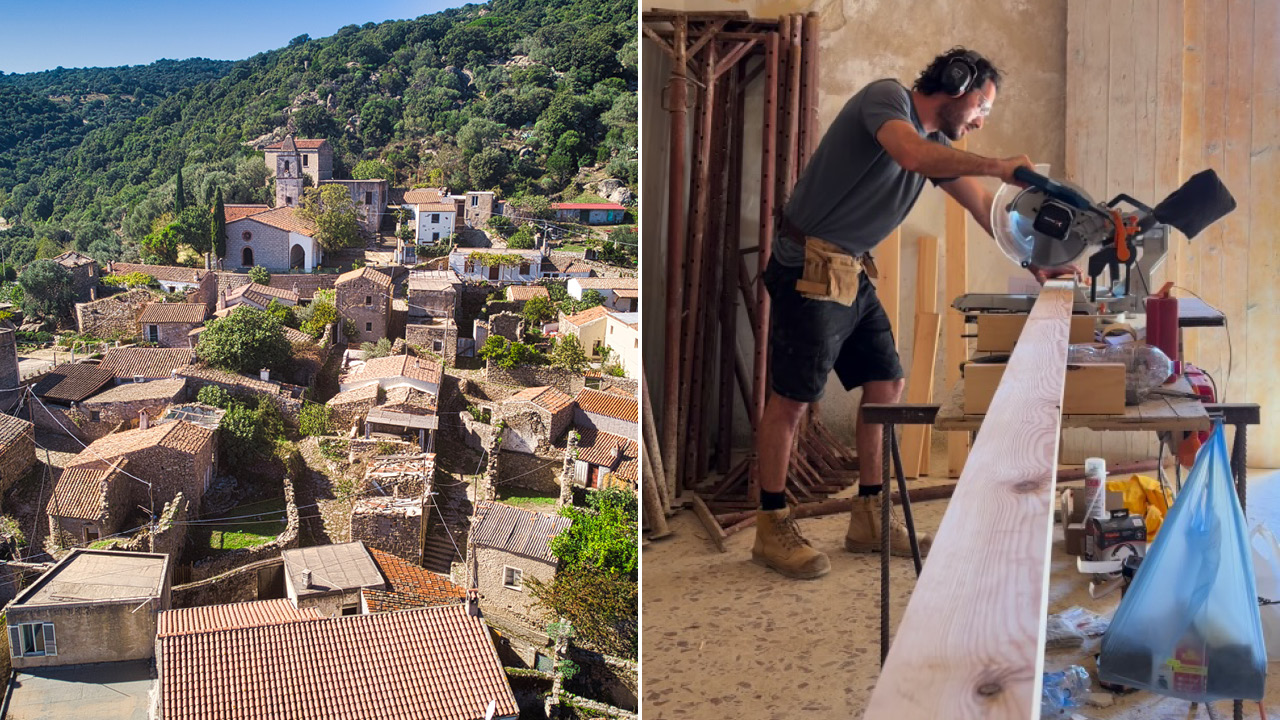 Split image: left shows a hillside village with stone houses and red-tiled roofs; right shows a woodworker sawing a long plank with a miter saw.