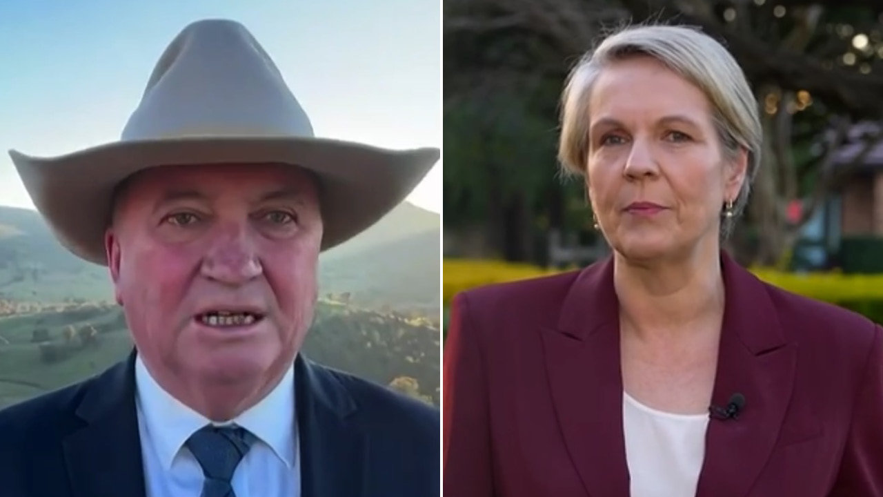 Split-screen: left shows a man in a wide-brimmed hat speaking outdoors; right shows a woman in a burgundy blazer with a microphone, outdoors.