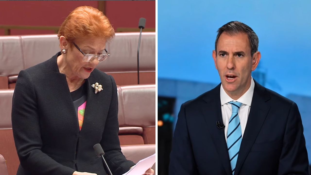 Split-screen image of a red-haired elderly woman in a black blazer reading notes at a microphone, left; a man in a navy suit and blue striped tie speaks on a news set, right.