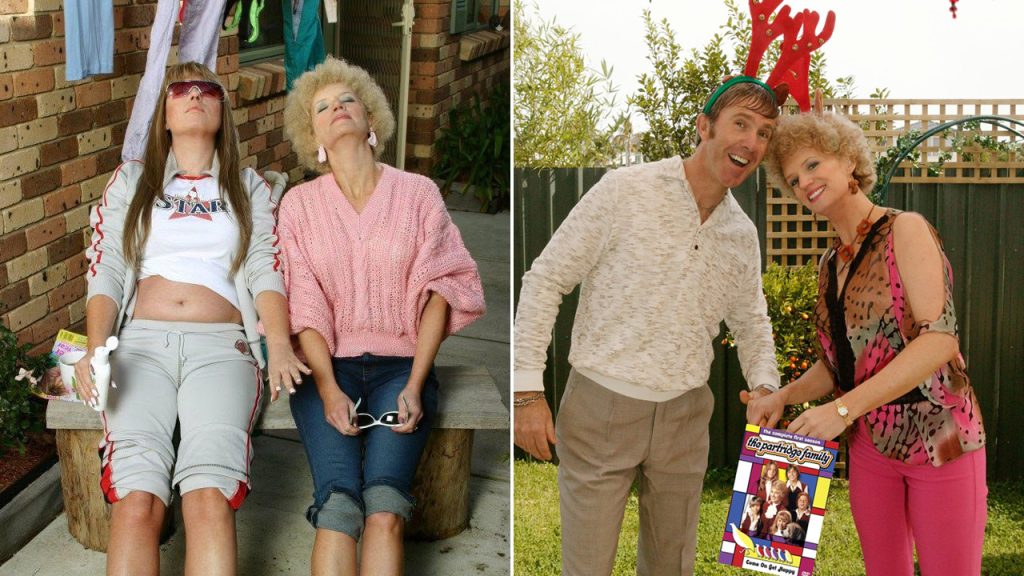 Split image: left side shows two women seated on a bench against a brick wall, one in a white crop top and gray athletic outfit and sunglasses, the other in a pink knit sweater. Right side shows a man and a woman outdoors with festive antler headbands, smiling, holding a colorful Partridge Family magazine.