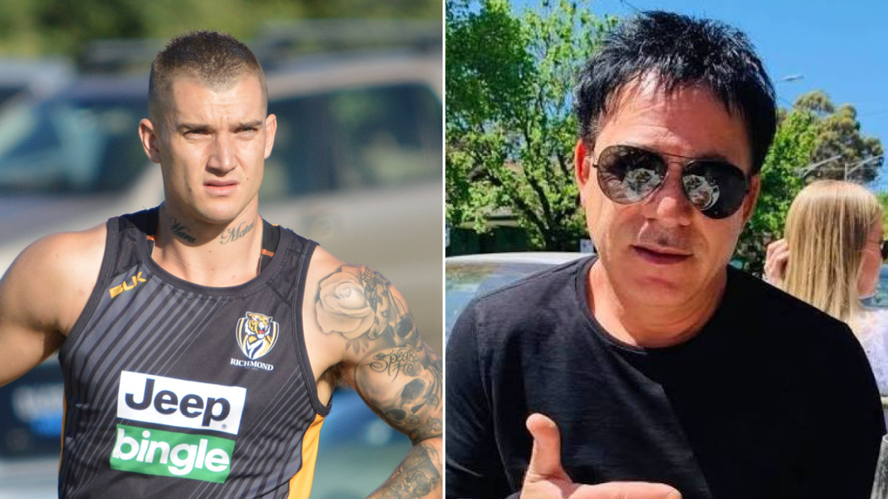 Split image of two men: left a tattooed athlete in a black Richmond jersey, right a man in sunglasses giving a thumbs up outdoors.