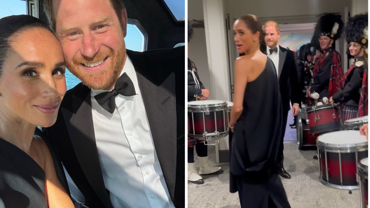 Meghan Markle and Prince Harry in tuxedos posing for a selfie on the left, and Meghan backstage in a black gown with a marching band of drummers in red uniforms on the right.