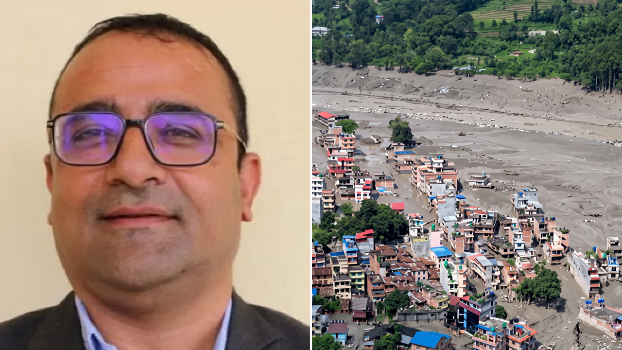 Portrait of a man wearing glasses on the left; on the right is an aerial view of a small town partially buried in mud and floodwater.