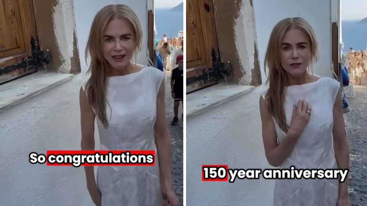 Woman in a white sleeveless dress stands in a sunny coastal street beside a white wall; captions say 'So congratulations' and '150 year anniversary'