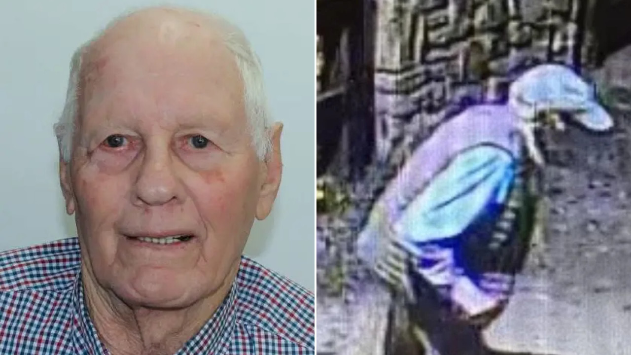 Two-panel image: left is a close-up portrait of an elderly man with light hair and a checkered shirt; right shows a person wearing a cap and backpack bending near a stone wall.