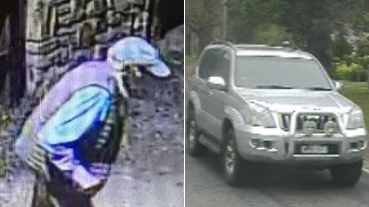 Left: a person wearing a light-blue helmet and a large purple-blue backpack, bending toward a wall in a narrow outdoor passage. Right: a silver SUV driving on a residential street toward the camera, with trees in the background.