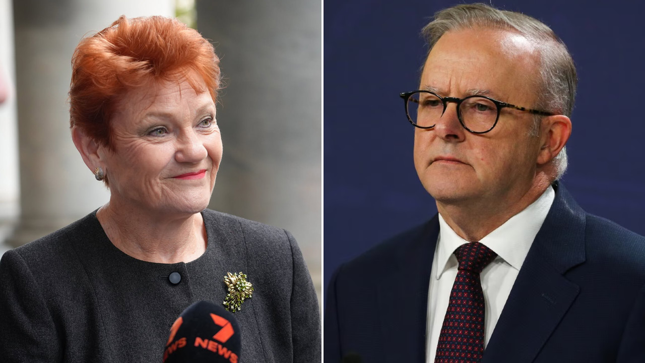 Split image of a smiling red-haired woman being interviewed on the left and a serious man in a suit with glasses on the right.