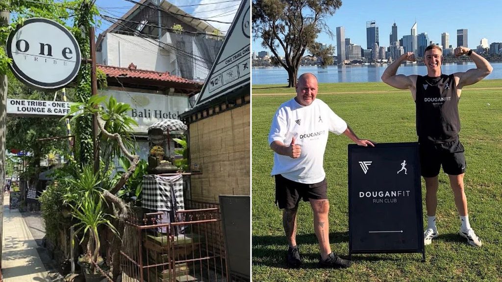 Left panel: a street scene with a circular 'one tribe' sign and a Bali Hotel storefront, greenery and outdoor seating. Right panel: two men in athletic clothes posing on a grassy field by a 'DOUGANFIT RUN CLUB' sign, city skyline in the background; one flexing biceps.