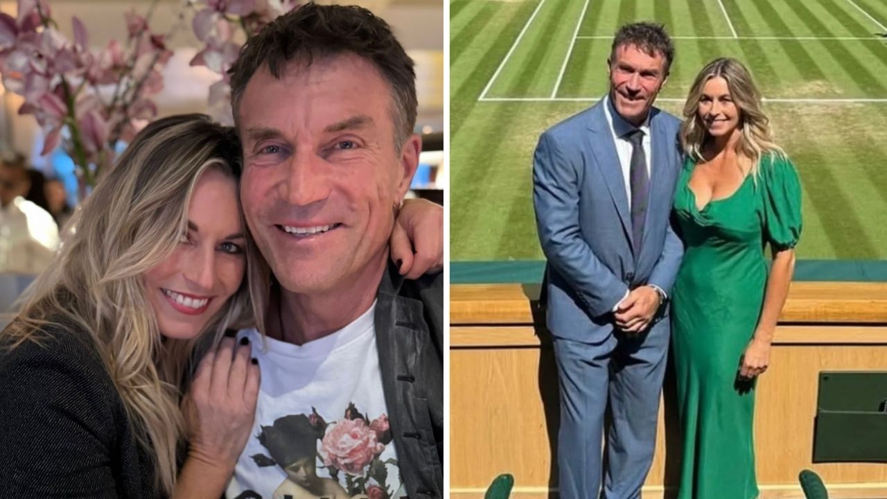 Two-photo collage of a smiling couple: left is a close-up indoors of a blonde woman and a man; right shows them standing in formal attire at a tennis venue, with a green dress and blue suit.