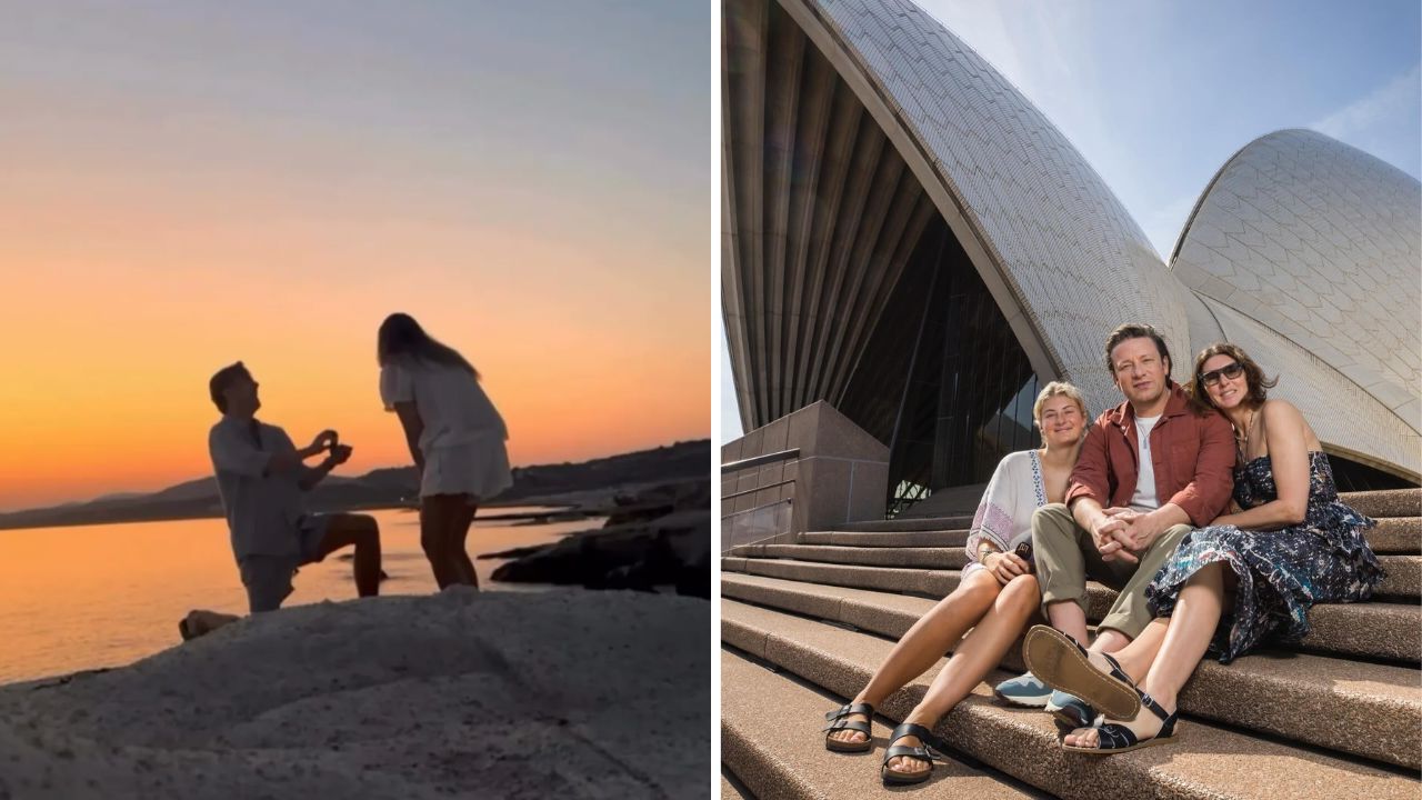Left: man on one knee proposing to a woman on a sandy beach at sunset; warm orange sky. Right: three adults sit together on steps outside a modern, curved architectural building.