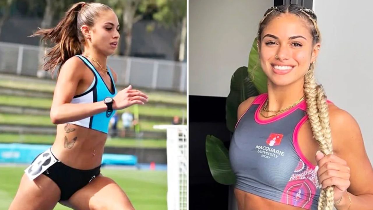 Side-by-side image of a female athlete sprinting on a track in a blue and black sports outfit with a race bib on her hip (left). Right shows a smiling woman with long braided hair in a gray-pink sports top with a university logo.
