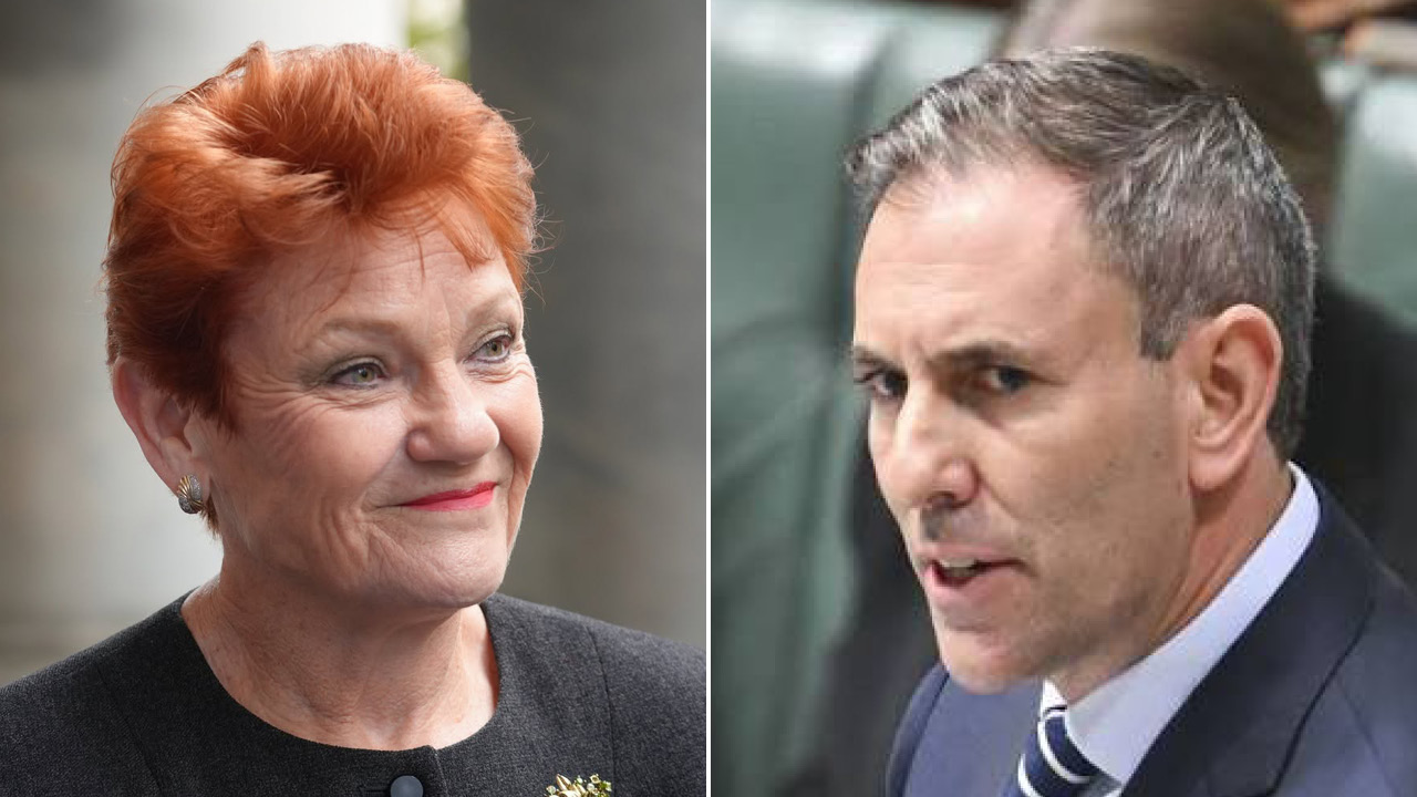 Two people depicted in a split image: a smiling older woman with short red hair in a dark outfit on the left, and a serious-looking man in a suit and striped tie on the right.