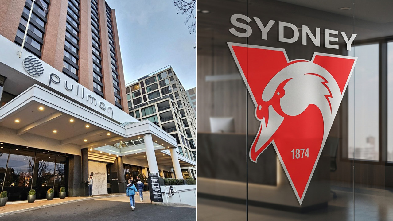 Split image: left—Pullman hotel entrance with sign; right—glass door with red SYDNEY logo and a white horse head, 1874.