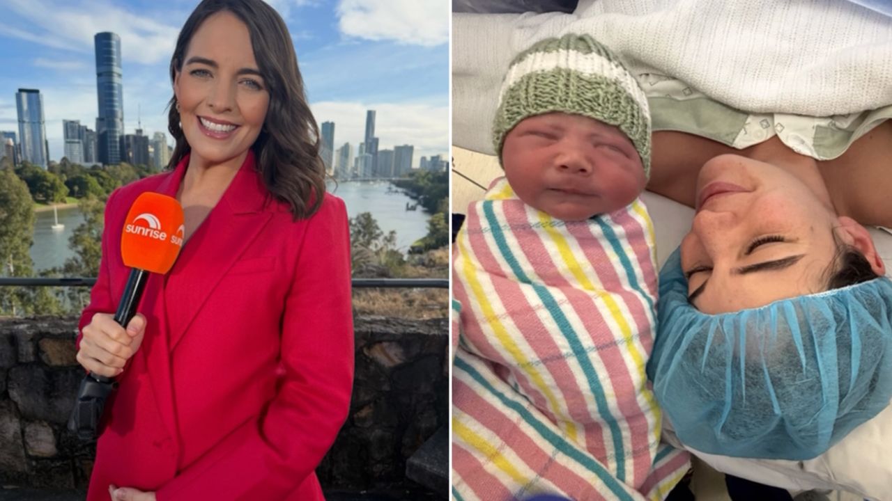 Reporter in red blazer holding an orange Sunrise microphone with a city skyline backdrop behind her (outdoor news shot).