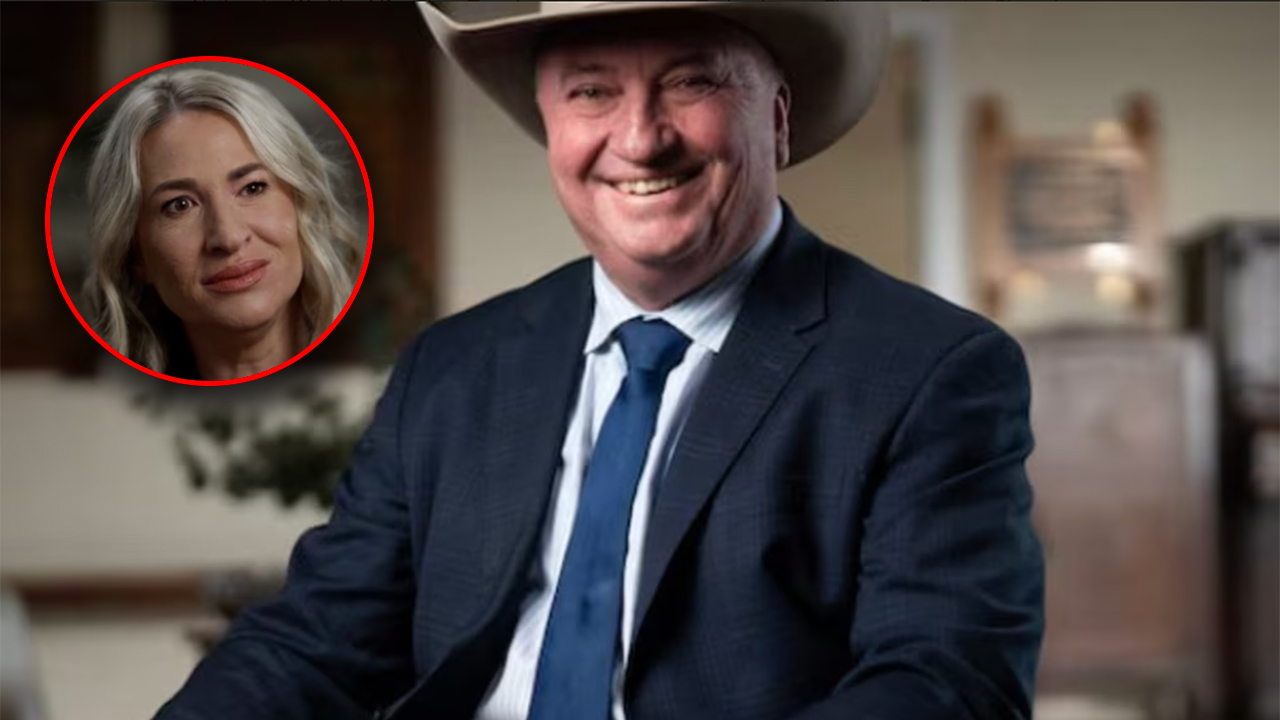 Man in a suit and blue tie wearing a cowboy hat, smiling; inset portrait of a blond woman circled in red