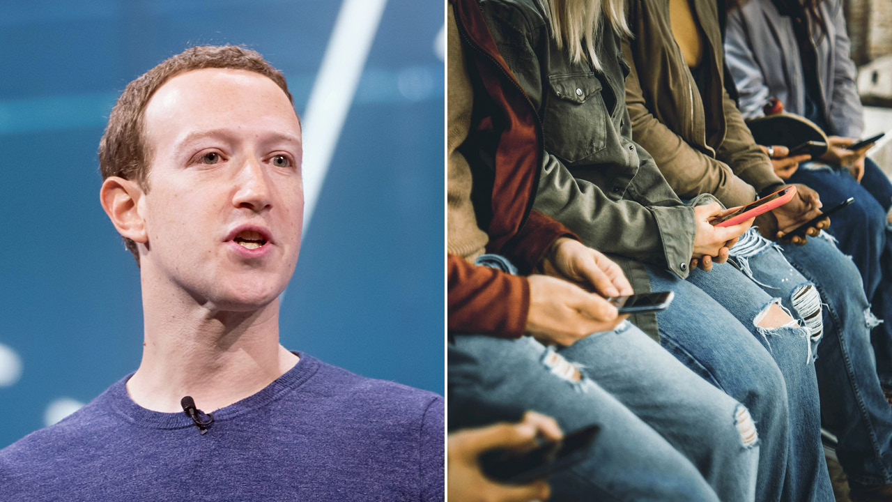 Left: a man in a purple shirt speaks into a clip-on mic at a panel; right: an audience seated and scrolling on their phones in casual jeans.