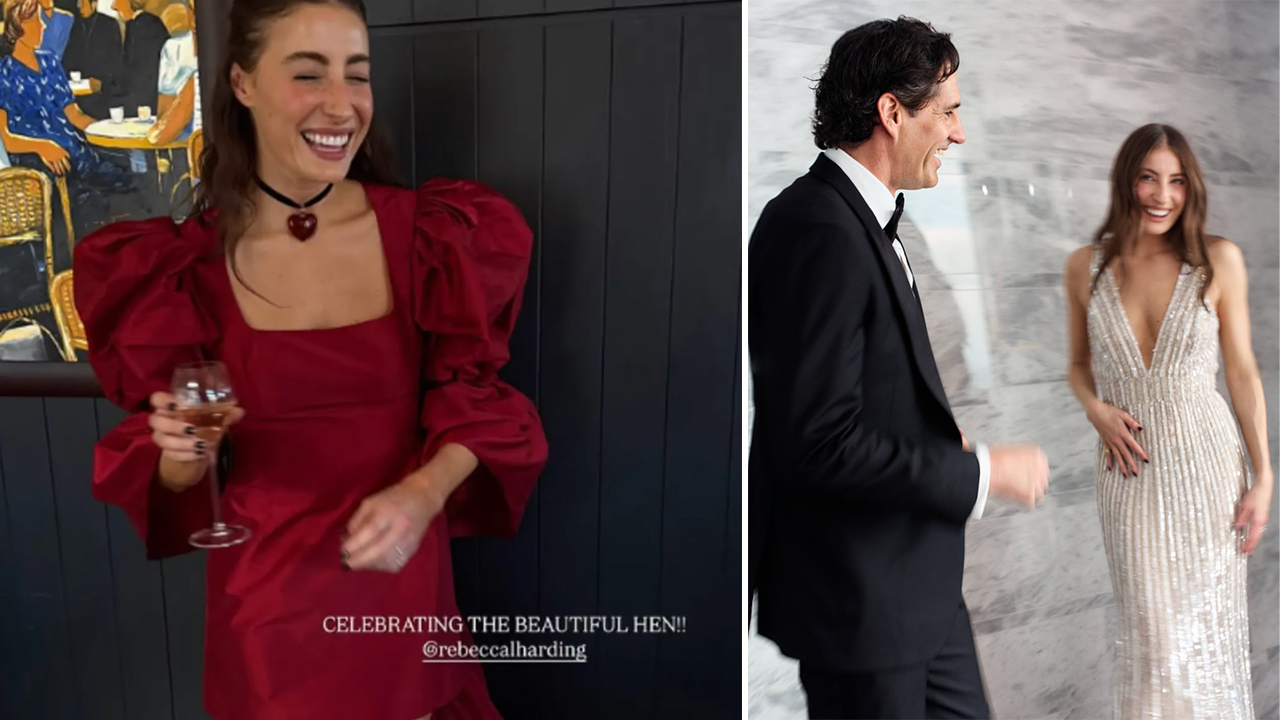 Smiling woman in a red puff-sleeve dress holds a wine glass indoors; caption reads 'CELEBRATING THE BEAUTIFUL HEN!!' on screen side-by-side scene area.