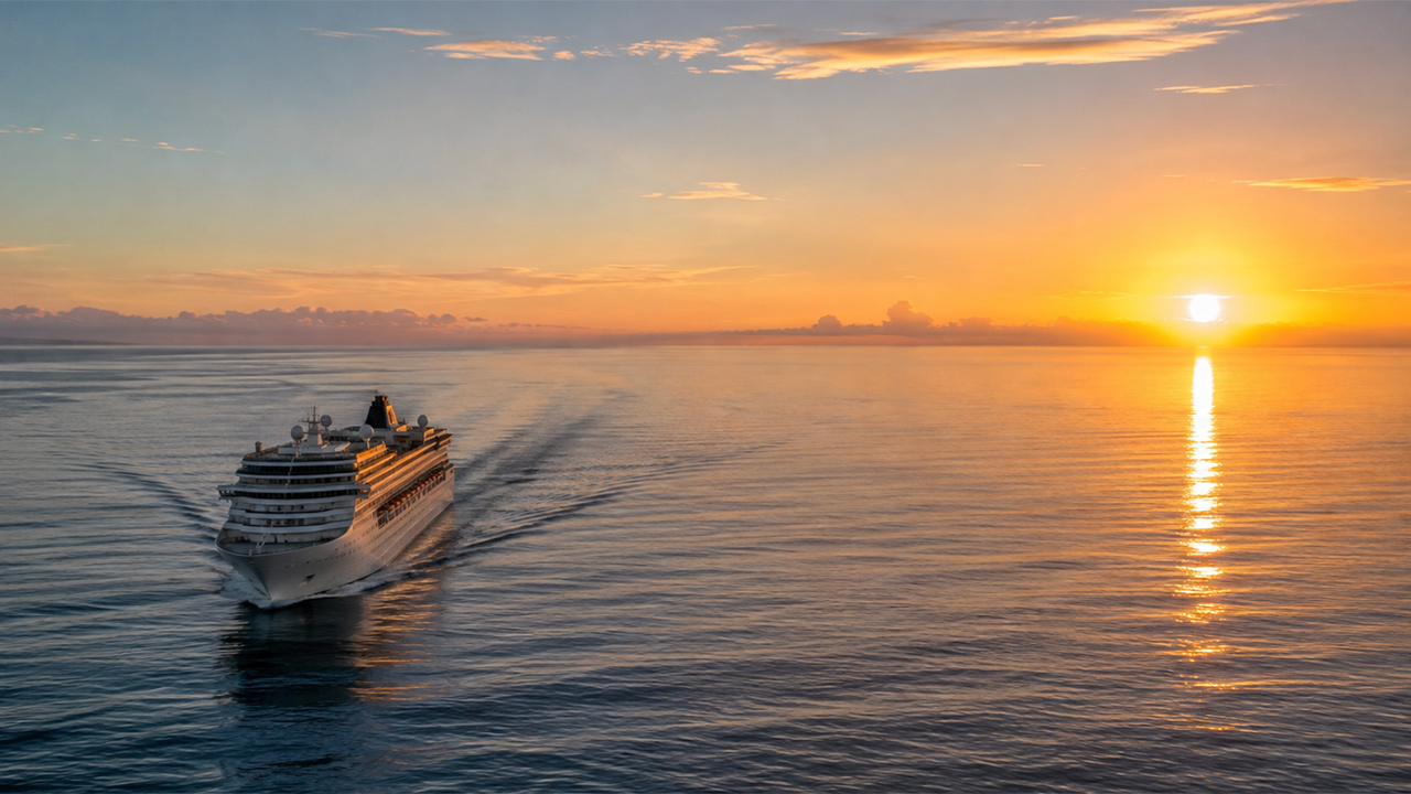 Cruise ship sailing on calm ocean at sunset, the sun low on the horizon casting an orange glow across the water.