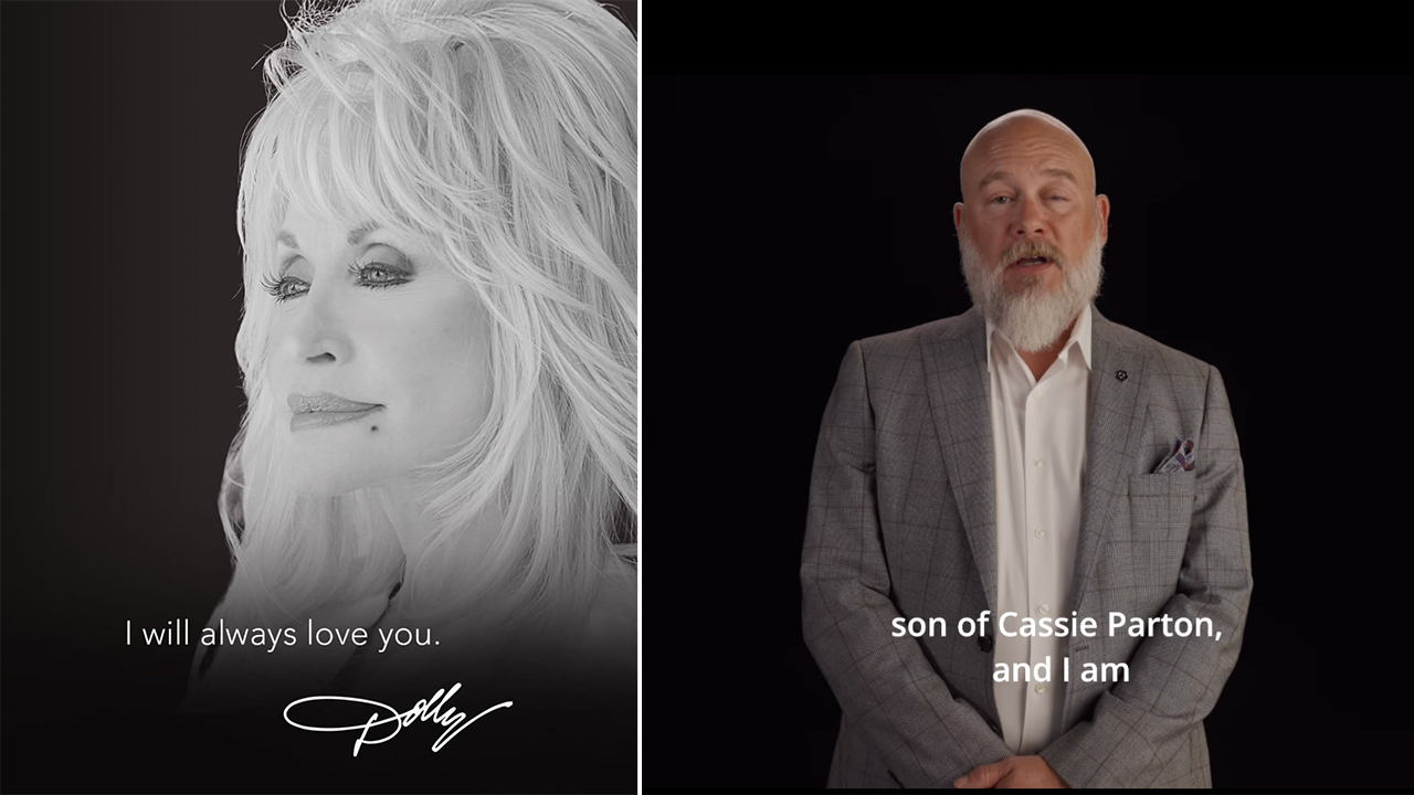 Two-panel image: left side shows a grayscale portrait of a woman with the caption 'I will always love you.' and a signature, right side shows a bald man in a gray suit against a dark background with the caption 'son of Cassie Parton, and I am'