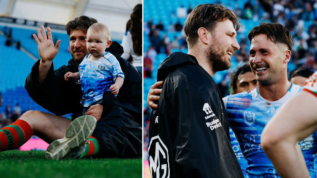 Left panel: man in dark jacket holding a baby in a blue jersey, waving from the field; stadium seats in the background. Right panel: two players in blue jerseys smiling and talking, one with his arm around the other, after a game.
