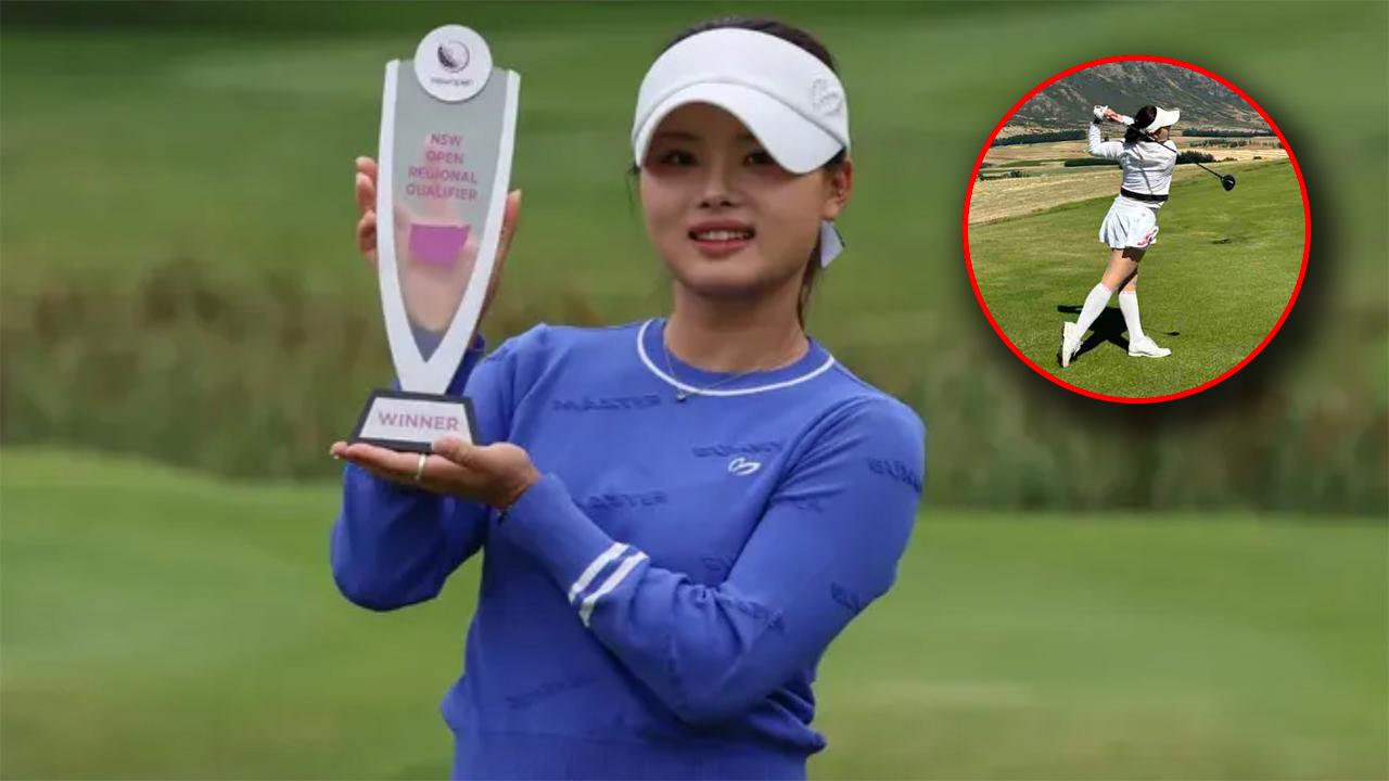 Female golfer in a blue outfit on a golf course proudly holds a trophy marked WINNER; inset shows another golfer in white swinging on the fairway.