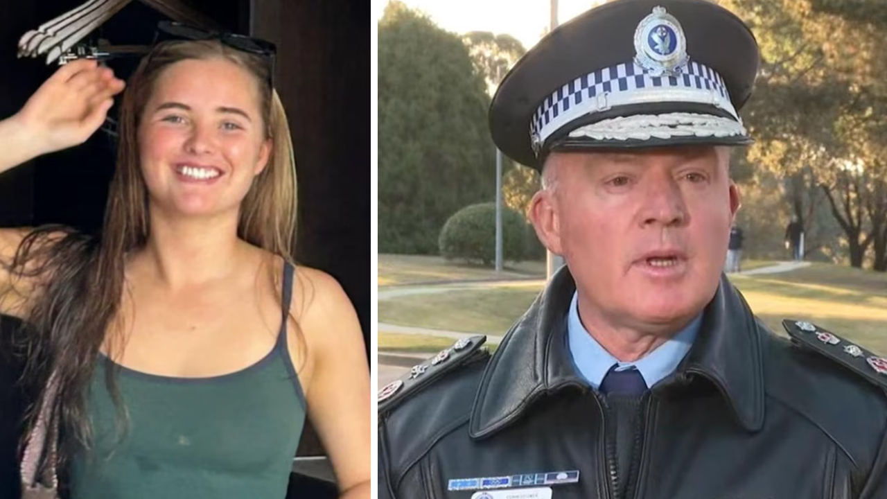 Split image: left shows a smiling woman in a green tank top raising her hand; right shows a police officer in uniform outdoors.