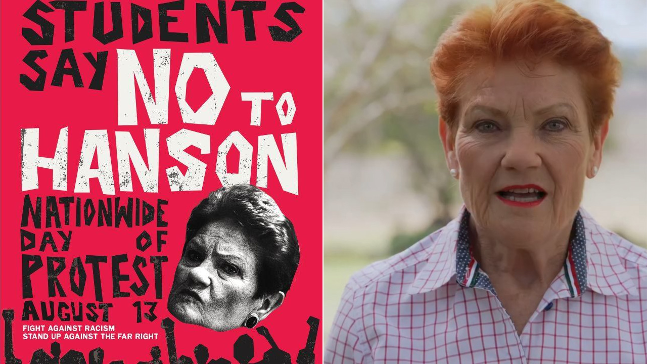 Split image: left a bold red protest poster reading 'Students say NO TO HANSON' with a black-and-white portrait of a woman; right a close-up of an older woman with short red hair speaking outdoors, wearing a checkered shirt.