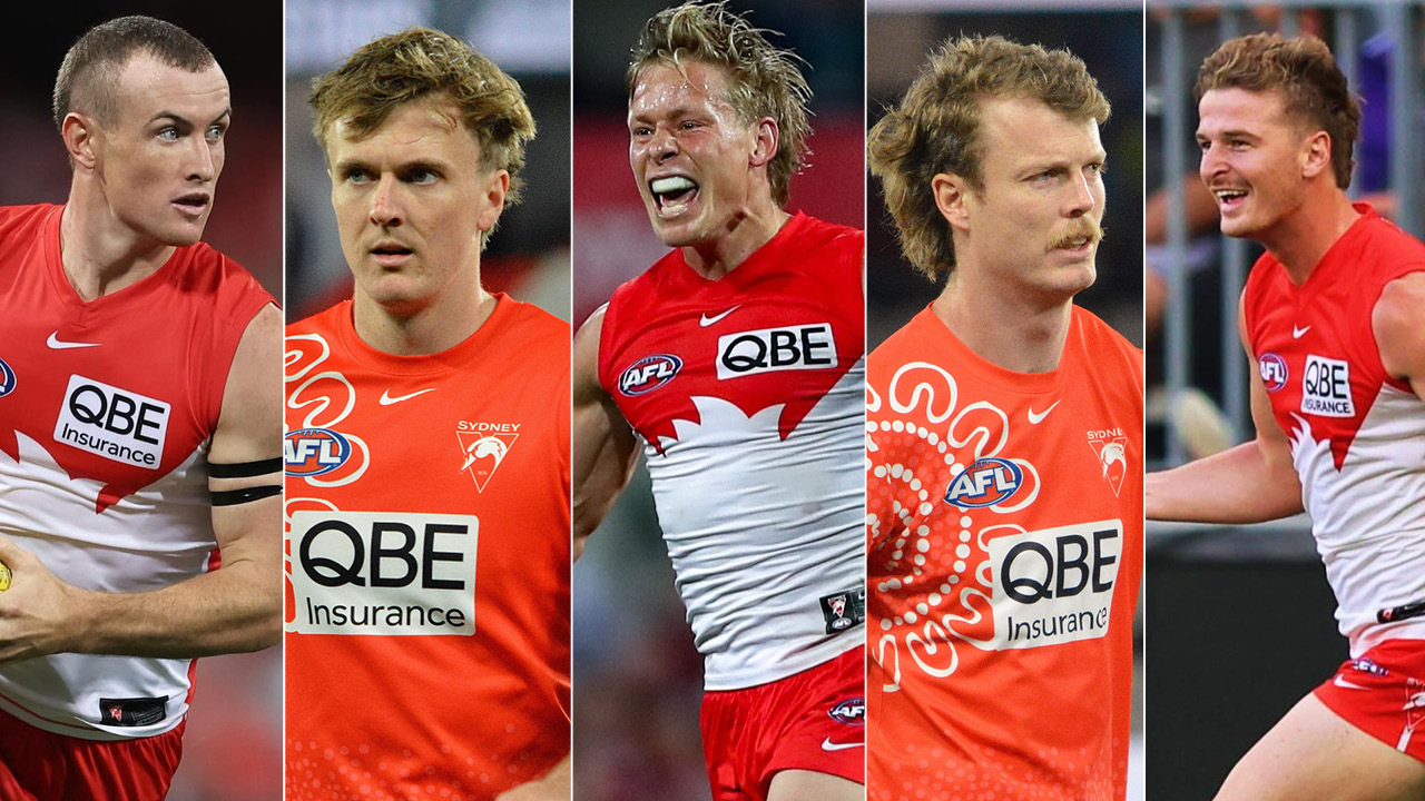 Collage of five Sydney Swans AFL players in red-and-white jerseys with QBE Insurance, in action poses.