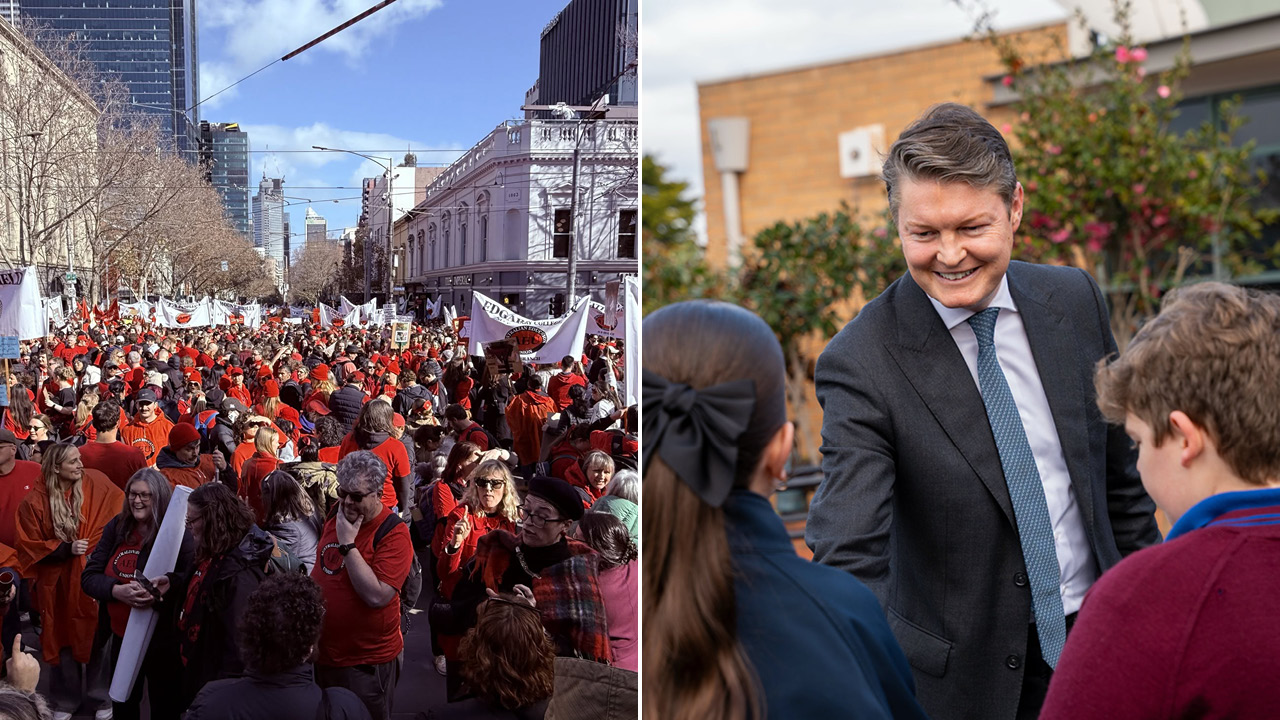Left: large street protest with red-clad crowd and banners; Right: smiling man in a suit greeting people outdoors.