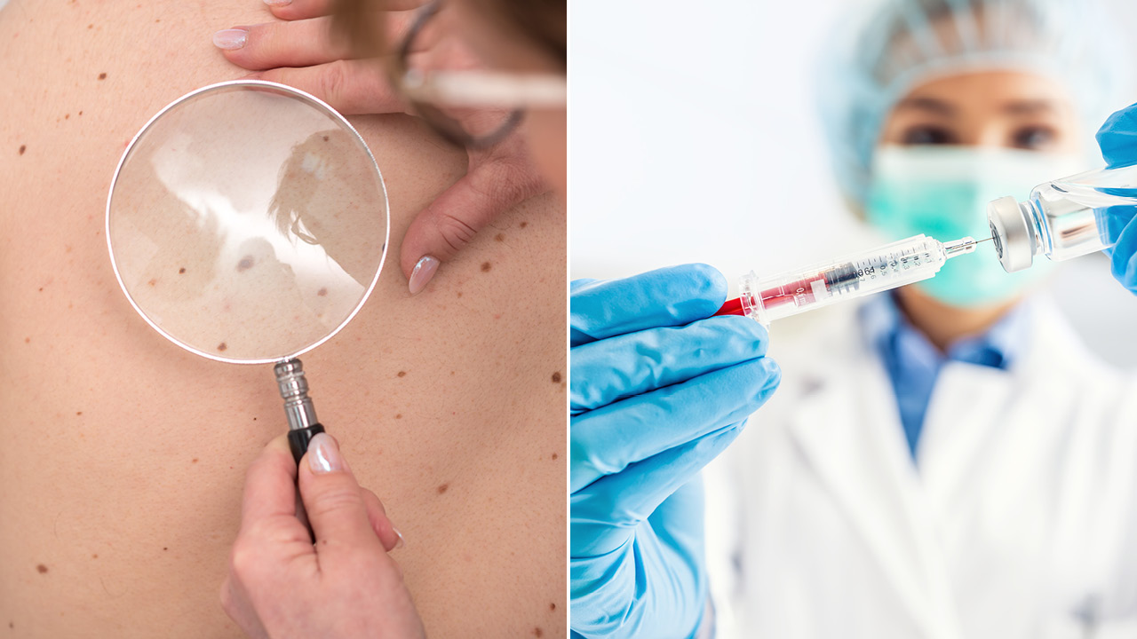 Left: clinician examining a patient’s back with a magnifying glass to inspect moles. Right: medical professional wearing PPE drawing up a syringe for vaccination.