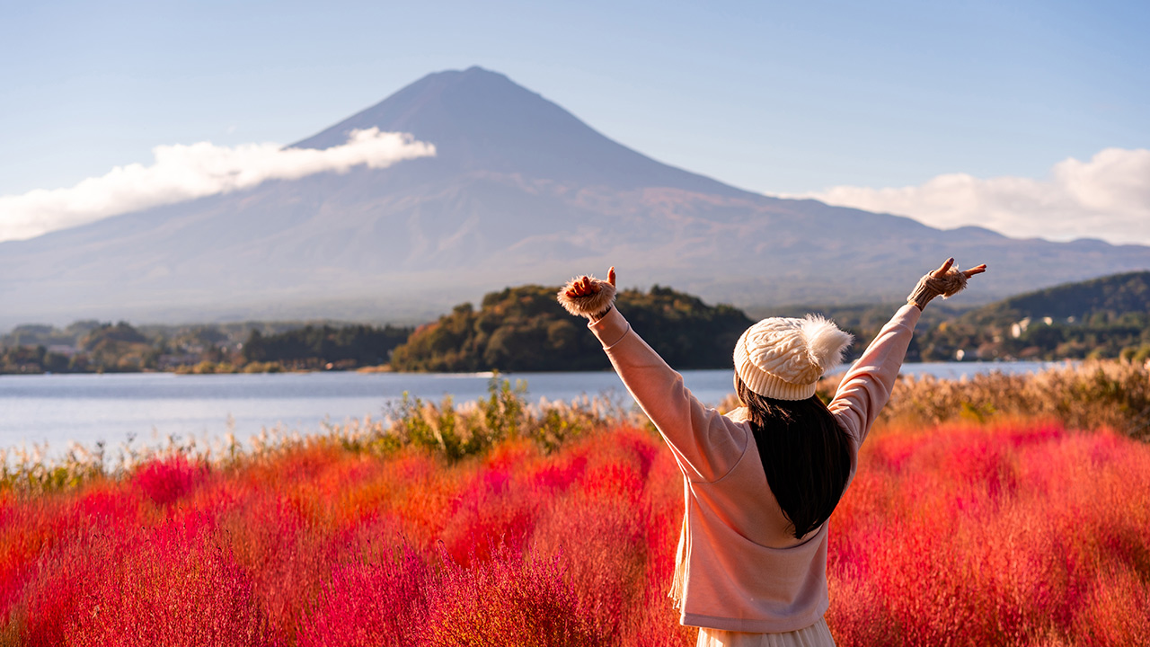 Person with arms raised in a red flower field, mountains in the distance under a clear blue sky.