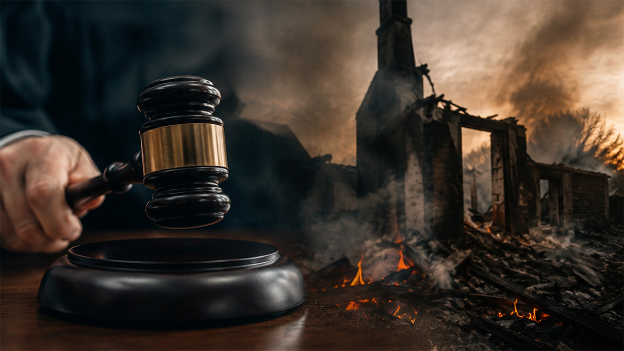 Judge's gavel and sounding block in foreground; a burning ruined building smolders in the background.